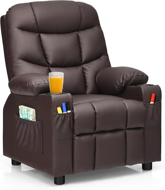 Kids Recliner, Kids Recliner Chair w/ 2 Cup Holders, PU Leather Kids Chairs Compy w/Adjustable Backrest & 3 Pockets, Toddler Furniture Sofa for Boys Girls Aged 3+ (Brown)
