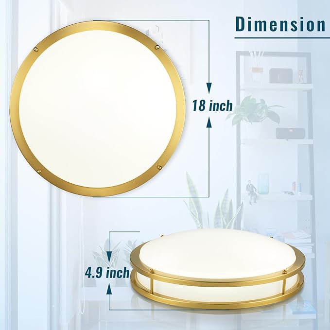 18 inch Ceiling Light Fixture Flush Mount Gold, 36W Large Living Room Ceiling Light LED, Dimmable Kitchen Lighting Fixture for Bedroom, Bathroom, Living Room