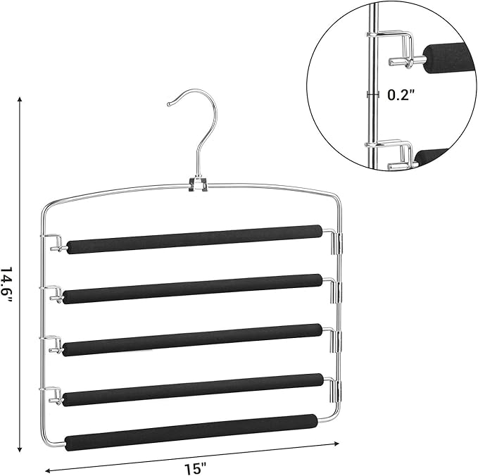 SONGMICS Pants Hangers, Set of 3, 5 Tiers Non-Slip Skirt Hangers, Space Saving Pants Organizers, for Closet, Silver and Black UCRI041BK
