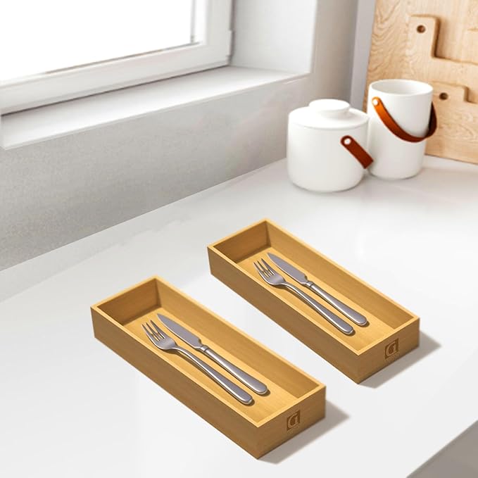 Bamboo Drawer Silverware Organizer, Silverware Tray, Flatware Organizer, Bamboo Storage Box Suitable for Office, Bathroom and other objects storage (9.85"x3.55"x1.78"- Set of 2)