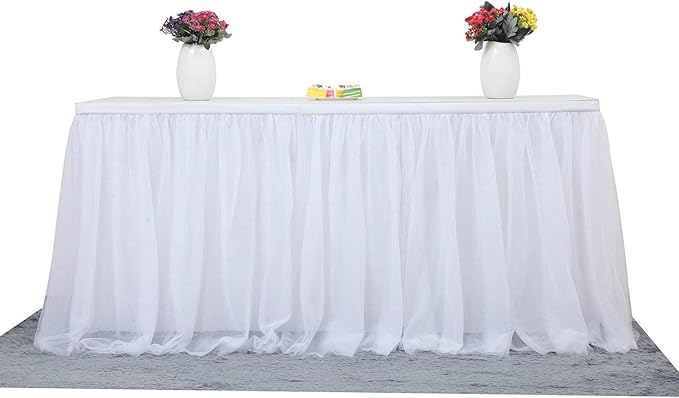 Suppromo 9ft White Table Skirt Tulle Tutu Table Skirt for Rectangle Tables White Ruffle Table Cloth for Wedding Bridal Shower Baby Shower Baptism Birthday Party Banquet Decoration(L9(ft) H 30in)