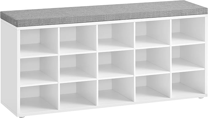 VASAGLE CUSTOS Collection - Shoe Bench, Storage Bench with Padded Seat, Entryway Bench with 15 Compartments, for Bedroom, 11.8 x 41.3 x 18.9 Inches, Cloud White and Dove Gray ULHS15WT