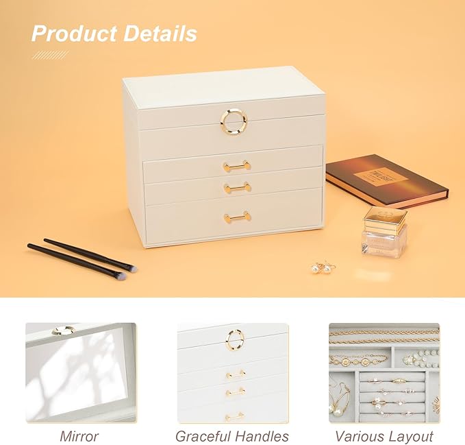 Jewelry Box with Mirror，Jewelry Holder Organize with 3 Drawer，4-Layer Jewelry Box for Women Girls，Large Jewelry Storage Box. (White