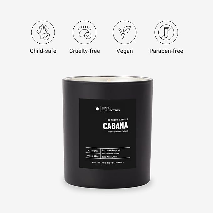Hotel Collection - Cabana Single Wick Classic Candle - Hotel Inpsired Luxury Candle - 90 - Hours Burn Time - Hints of Marine, Bergamot, and Jasmine - 14 oz - Black