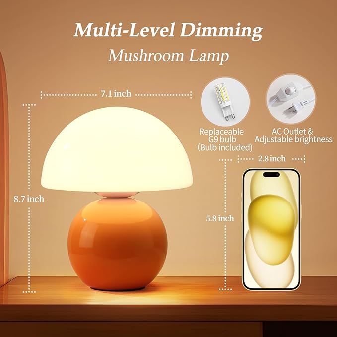 Mushroom Lamp - Ceramic Base with Multi-level Dimming | Retro-Modern Small Lamp in Vibrant Orange | Cute Aesthetic Desk/Bedside Light for Bedroom/Living Room, Decorative Accent & Thoughtful Gift