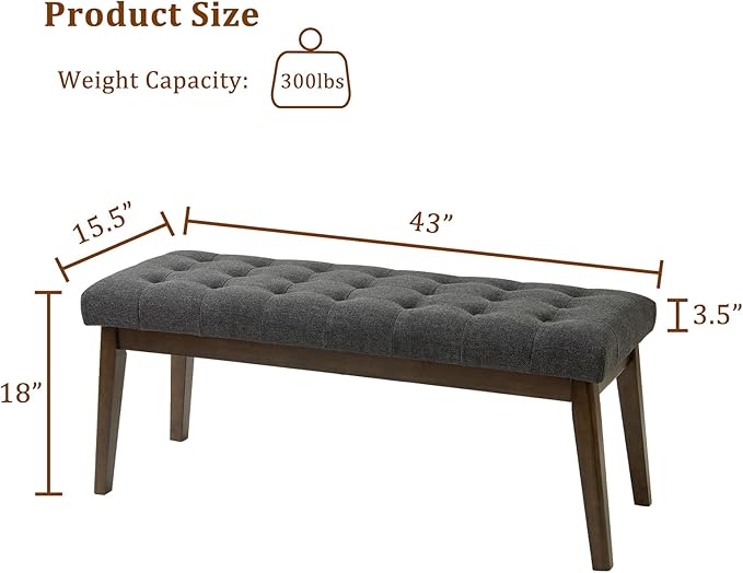 End of Bed Bedroom Bench, Linen Upholstered Tufted Bench for Bedroom End of Bed with Solid Wood Legs for Bedroom Living Room Entryway(Dark Gray)