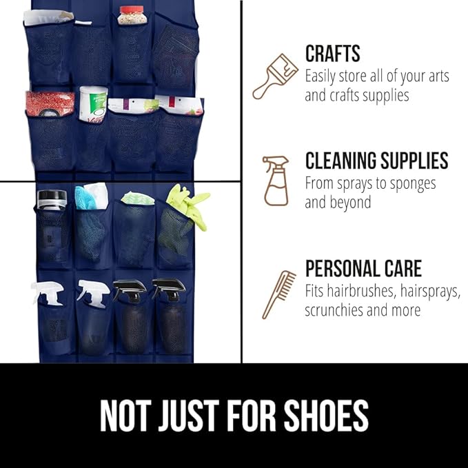GORILLA GRIP Over the Door Shoe Organizer, 24 Large Breathable Mesh Pockets, Space Saving Hanging Storage Holder, Closet Rack Hanger Holds Up to 40 lbs, Hangs on Closets for Shoes, Accessories, Navy