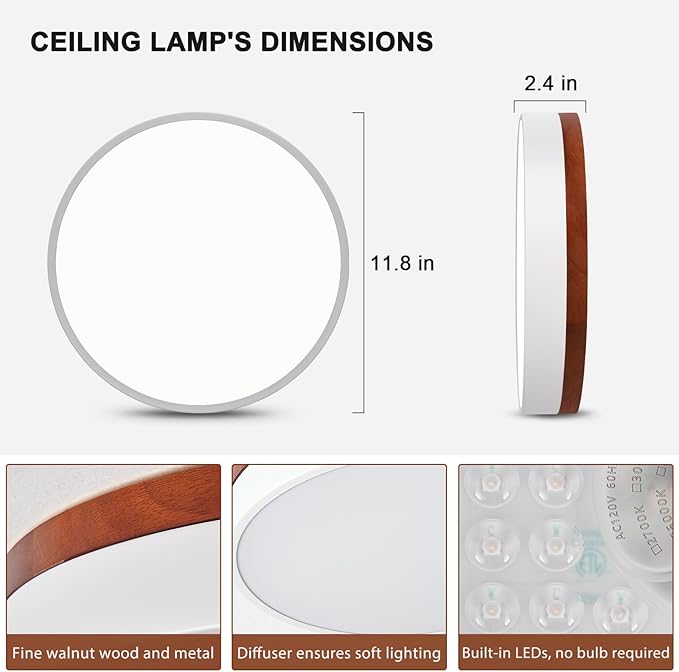 LED Ceiling Light Dimmable, White and Wood Flush Mount Ceiling Light Fixture 5CCT in One, Minimalist Round Ceiling Lamp Modern Lighting for Kitchen, Bedroom, Hallway, Laundry Room, 11.8 Inch