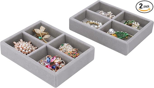 DesignSter Small Jewelry Tray, 2PCS Ring Organizer, Velvet Jewelry Display Tray, Stackable Jewelry Organizer Trays, Jewelry Drawer Organizer Inserts For Dresser, Jewelry Box (Gray)