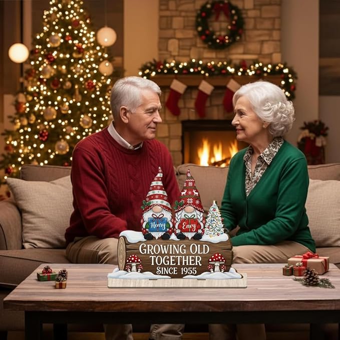 Growing Old Together Christmas Decor,Personalized Gnome Couple Wooden Plaque, Holiday Gift for Parents or Grandparents, Romantic Wooden Sign Keepsake for Couples, Winter Anniversary Decoration