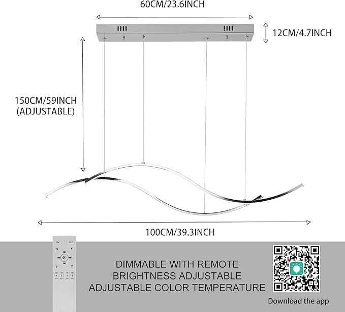 Modern Led Pendant Light, Dimmable Chrome Led Chandelier for Dining Room Light Fixture Over Table Creative Wave Pendant Light for Kitchen Island, Dining Room, Bedroom(Chrome)