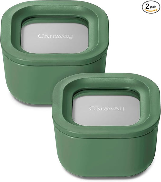 Caraway 2pc Glass Food Storage Set - 1.75 Cup Food Containers (2) - Non-Toxic Ceramic-Coated Glass - Air Release Technology - Compact & Stackable Design - Sage