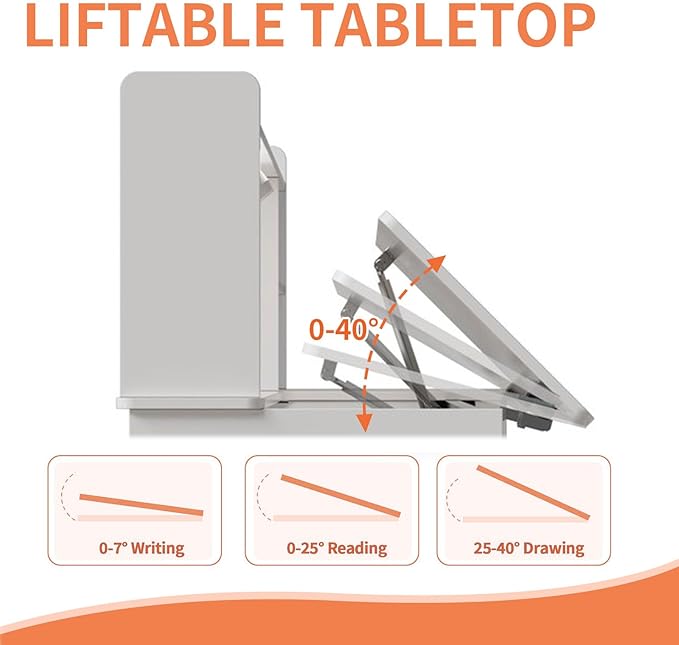 PAKASEPT Kids Desk and Chair Set,Kids Study Desk with 3-Color Lights(Not Rechargeable),Tiltable Desktop,Multi Functional Table for Kids 5-12,Student Writing Desk with Hutch,Storage Cabinet for Bedroom
