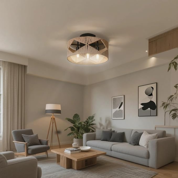 20 inch Boho Flush Mount Ceiling Light Fixture with 5-Light, Hand-Woven Rattan Chandelier with Integrated Metal Frame, Ceiling Light Hanging for Dining Room, Bedroom, Entryway, Living Room, Farmhouse