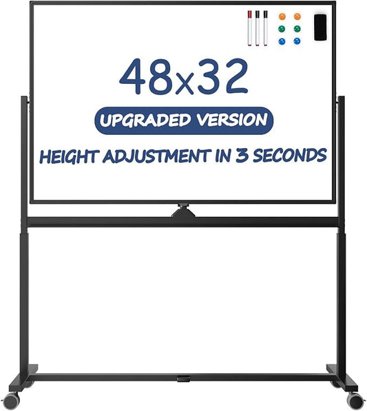Rolling Whiteboard, 48 x 32 Inches Magnetic White Board with Stand, Double-Sided Large Standing Dry Erase Board on Wheels, Height-Adjustable Mobile Dry Erase Board for Office, Home, Classroom