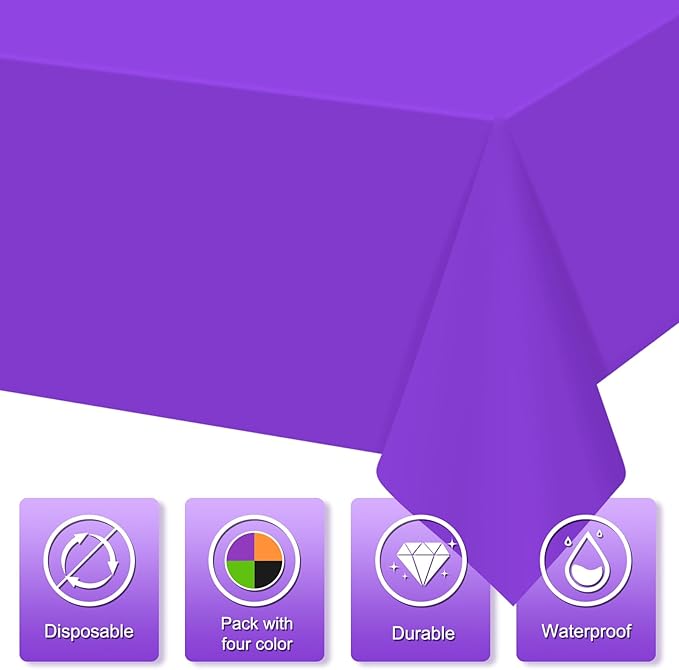 MASHAN 4Pcs Halloween Tablecloth Plastic Orange Black Purple Green Table Cloths Disposable Rectangle Table Covers for Halloween Theme Kids Birthday Witch Vampire Party Decorations, 54 x 108 Inch