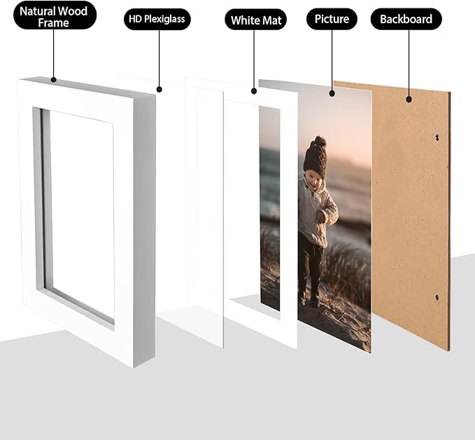 KINLINK 4x6 Frame White, Solid Wood 4 x 6 Picture Frame with Acrylic Plexiglass for 3.5x5 with Mat, Tabletop and Wall Display Photo Frames 4x6 White, 4 Pack