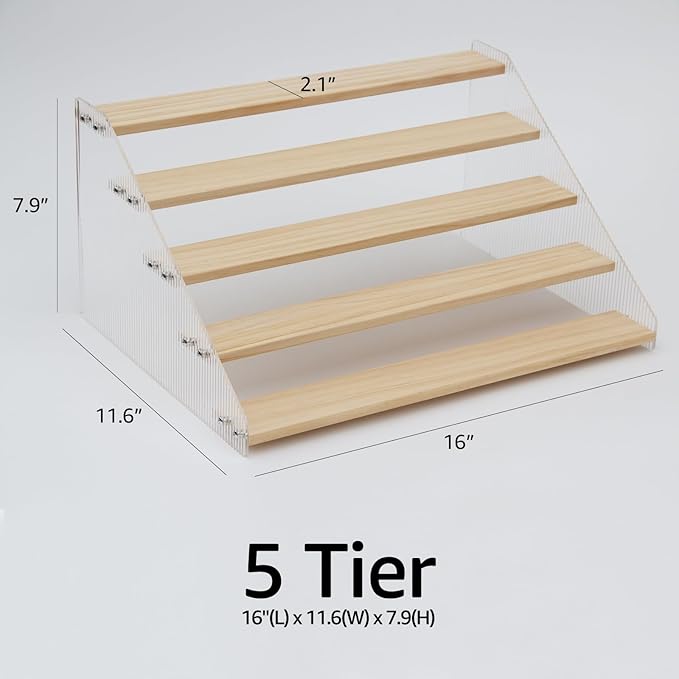 nianfeng Tiered Spice Rack, 5-Tier Spice Pantry Kitchen Cabinet Organizer, 16-Inch, Natural Wood Acrylic Stair Riser Stand, Countertop Seasoning Shelf