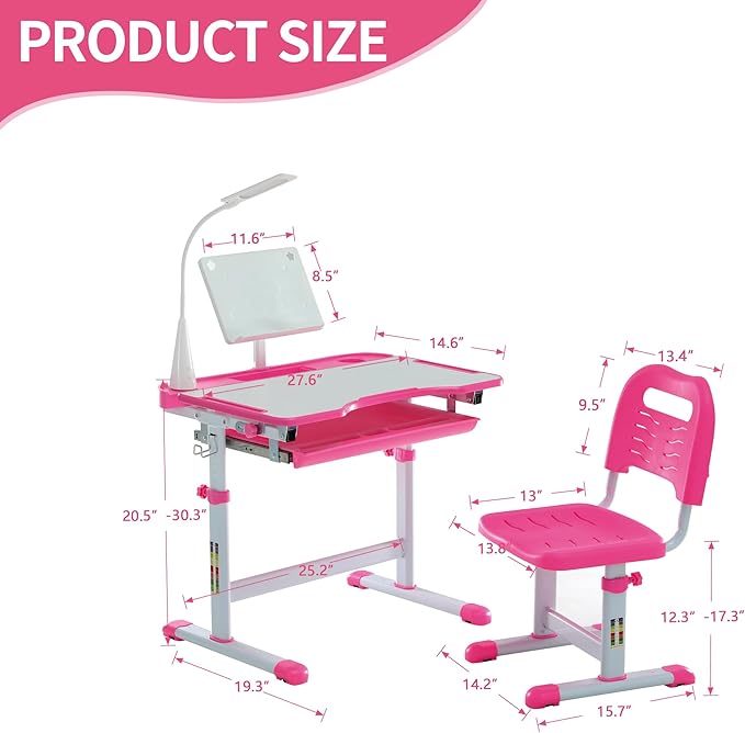 Diroan Kids Functional Desk and Chair Set, Ergonomic Height Adjustable Children School Study Desk with Tilt Desktop, Book Stand, LED Light, Metal Hook and Storage Drawer for Boys Girls(Pink)