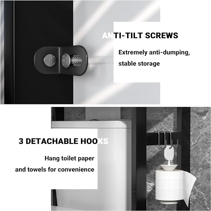 Homykic Bamboo Over The Toilet Storage Shelf, 3-Tier Above Toilet Storage Organizer Rack with 3 Hooks, Freestanding Bathroom Tower Shelf Unit for Small Space, No Rust, Easy to Assemble, Black