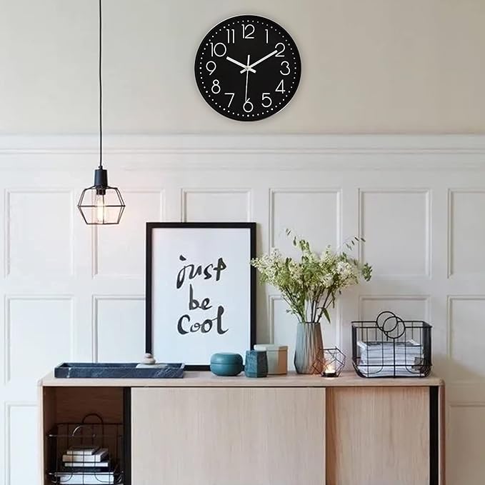 Kitchen Wall Clocks Vintage Style Non-Ticking Wall Clock Battery Operated Quartz Analog Silent Movement Large Decorative Clock Arabic Numerical for Home Office Decor 12 Inch - Black 2