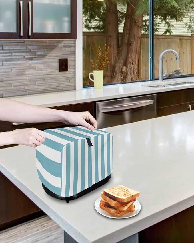 Toaster Cover 4 Slice Cyan Blue Stripes Toaster Oven Cover with Pockets Vertical Striped Dustproof Bakeware Protector Small Kitchen Appliance Dust Covers and Fingerprint Protection for Women