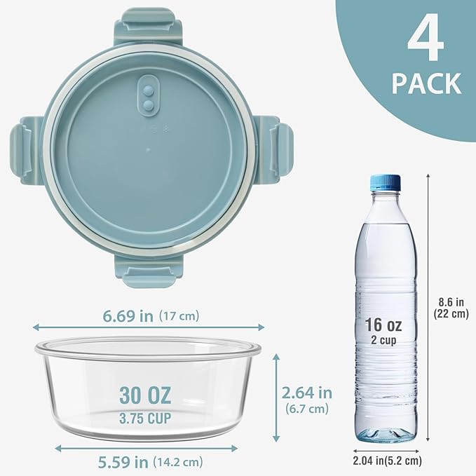 4 PCS Glass Meal Prep Containers with Lids, Airtight 3.75 Cup Food Storage Containers Set, Heat-Resistant BPA-Free Glass Containers for Soup Leftover, Microwave, Dishwasher, and Freezer Safe