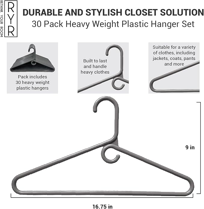 Clothes Hangers 30 Pack Plastic - Heavy Duty Space Saving Coat, Velvet Hangers, Pant Hangers for Closet Organization - Durable Non-Slip Warsaw Grey Wardrobe Essentials Bulk Storage