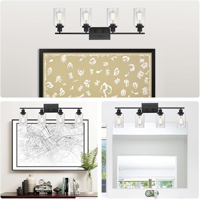 MELUCEE 4 Lights Sconces Wall Lighting Black with Clear Glass Shade, Industrial Bathroom Light Fixtures Vanity Lights Porch Light Fixtures Wall Mount (Patent No.: US D963914 S)