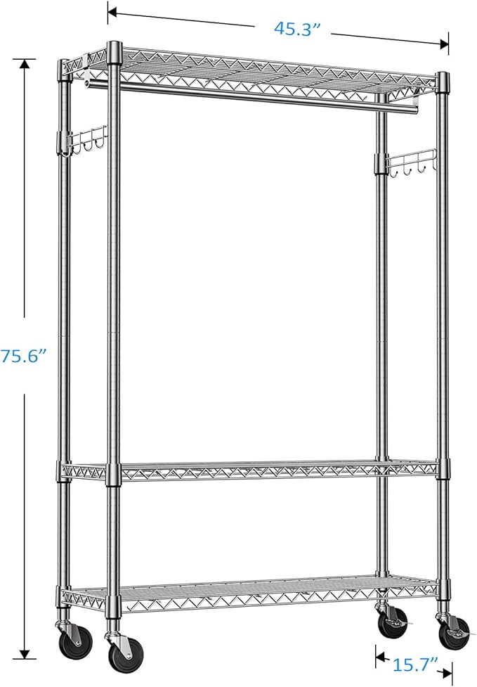 IZEUK Heavy Duty Garment Rack on Wheels, Rolling Freestanding Closet Organizer and Clothes Rack for Hanging Clothes with 1 Hang Rod, Adjustable Metal Wardrobe, 15.7" D x 45.3" W x 75.6" H, Chrome