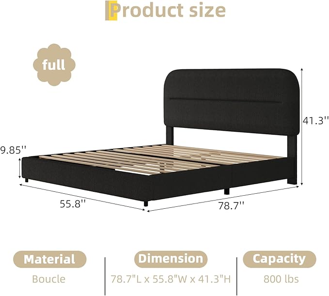 HOMBCK Full Size Boucle Bed Frame, Upholstered Bed Frame Full with Headboard, Soft BedFrame with Thickened Footboard, Soft Rounded Corners, No Box Spring Required, Easy Assembly, Black