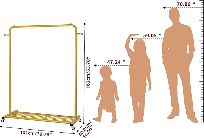 Sywhitta Clothes Rack on wheels, Clothing Rack with Bottom Mesh Storage Shelf,Sturdy Metal Frame,Rolling Garment Rack for Hanging Clothes,Coats,Skirts,39.76" L x 16" W x 64.56" H,Golden