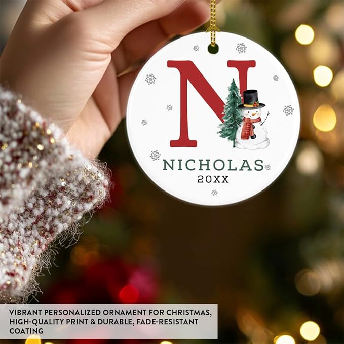 Andaz Press Personalized Ornament, Custom Name, Initial N Monogram Snowman 2.8" Ceramic Porcelain 2025 Christmas Ornament Keepsake for Kids, Boys, Girls, Includes Gold Ribbon & Gift Box, 1-Pack