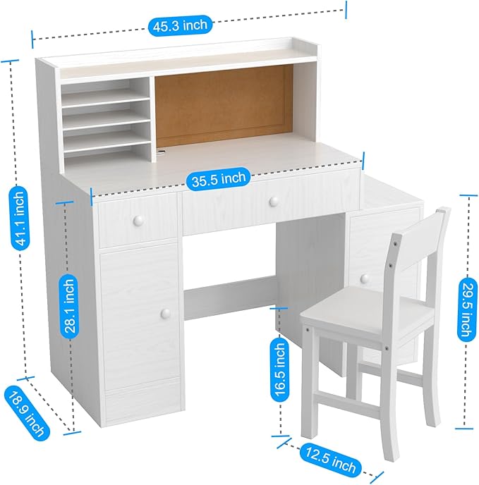 Wooden Kids Desk and Chair Set, 2 Drawers and 4 Storage Cabinets, Children Study Desk with Hutch and Shelves, Boys & Girls Study Desks for Kids Bedroom (White)