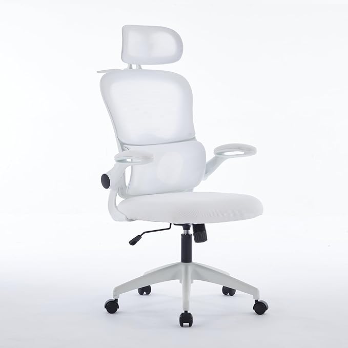 Ergonomic Mesh Office Chair, 400 lbs Capacity, High Back Desk Chair with Adjustable Lumbar Support, 3D Headrest, Flip-Up Armrests, and PU Wheels for Long Workdays and Home Office (White)