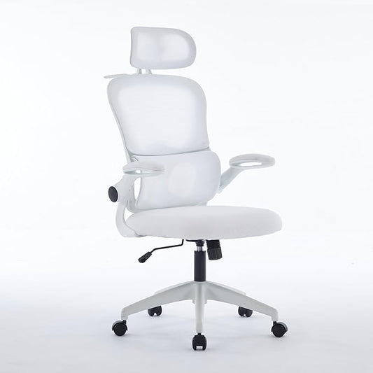 Ergonomic Mesh Office Chair, 400 lbs Capacity, High Back Desk Chair with Adjustable Lumbar Support, 3D Headrest, Flip-Up Armrests, and PU Wheels for Long Workdays and Home Office (White)