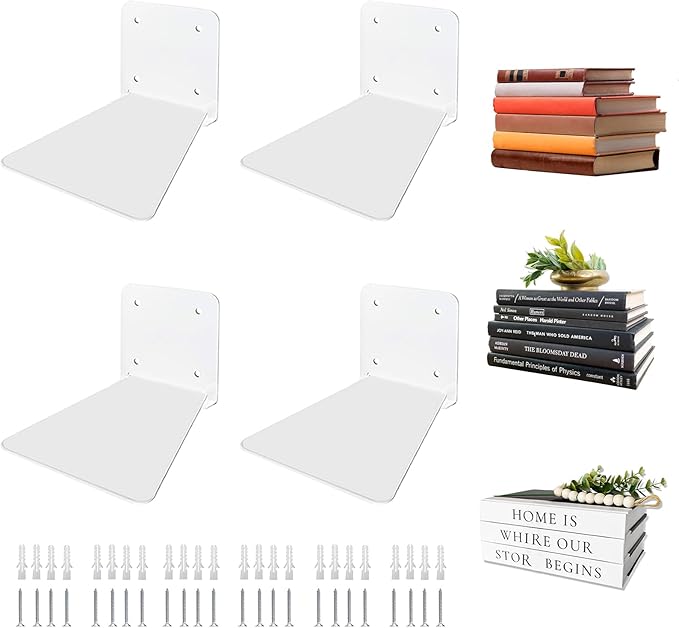 Invisible Floating Bookshelf - Modern White Wall Mount Metal Shelves for Room, Bedroom Bookcase, Small Bookshelf with Minimalist Design, Sleek Storage for Books & Decoratives（4PCS）