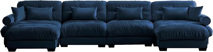Ball & Cast 166" U Shaped Couch Sectional Couch,4 Seater Modular Couchs with Round Bolster Armrest,6 Pillows,Waist Pillows,Modern Corner Sofa w/ 2 Removable Ottomans,for Living Room,Blue