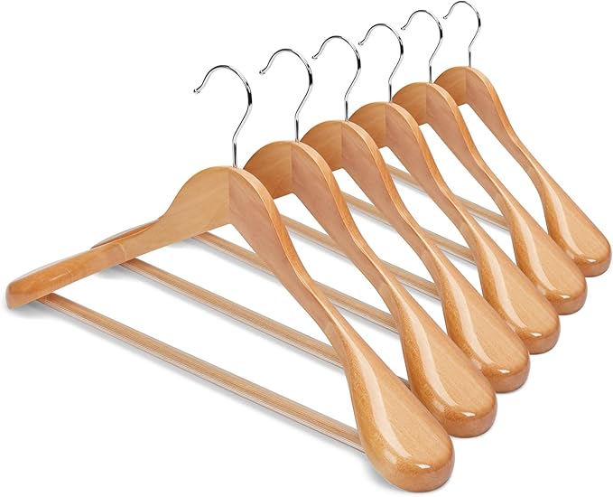 HOUSE DAY Wide Shoulder Wooden Hangers, Suit Hangers with Non Slip Pants Bar, Smooth Finish 360° Swivel Hook High-Grade Solid Wood Coat Hangers for Dress, Jacket, Heavy Clothes Hanger 6 Pack (Natural)