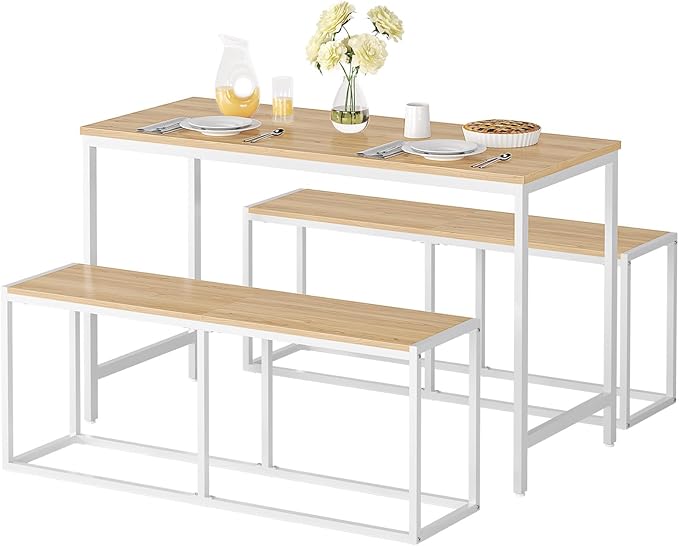 HOOBRO Dining Bench, 47.2 Inch Industrial Style Kitchen Table Bench, Steel Frame, Easy to Assemble, for Kitchen, Dining Room, White and Natural WN12CD01