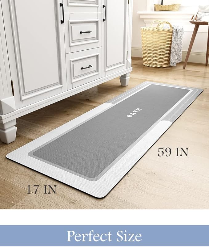 MontVoo-Bath Mat Rug Long Non Slip Super Absorbent Stain Resistant Quick Dry Thin Bathroom Mat Fit Under Door 17"x59" Grey