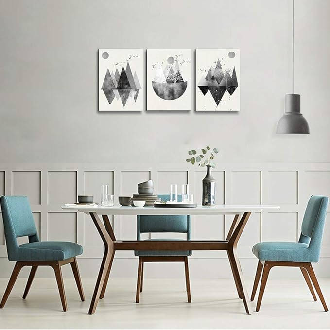 Black and white Abstract canvas Wall Art for living room Canvas Prints Artwork bathroom Wall Decor Abstract Mountain geometric Watercolor painting 3 Pieces Framed bedroom wall decorations Home Decor