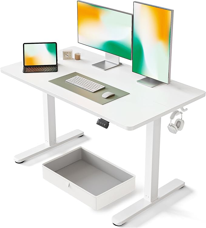 FEZIBO 48 x 24 Inches Standing Desk with Drawer, Adjustable Height Electric Stand up Desk with Storage, Sit Stand Home Office Desk, Ergonomic Computer Desk, White