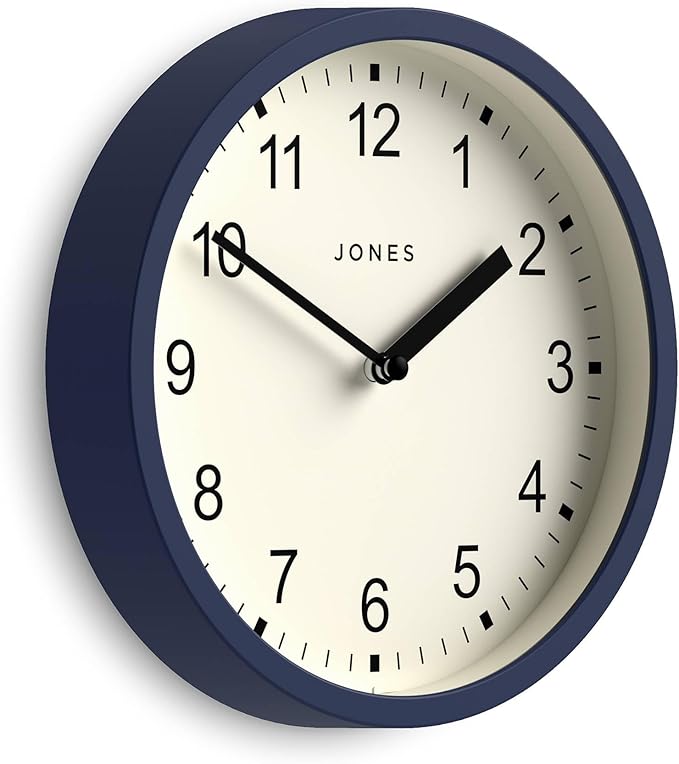 JONES CLOCKS® Spin Wall Clock | Small Modern Round Clock | 8inch | Dark Blue | Easy to Read Numbers | Ideal for Kitchen, Office, Children’s Room or Any Small Space
