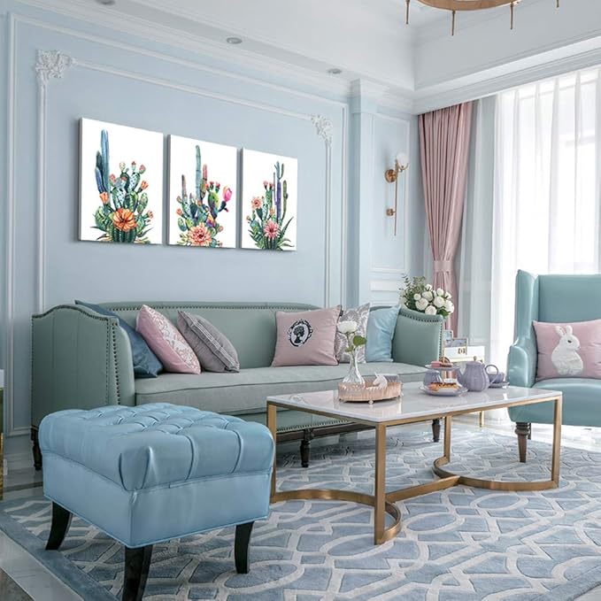 Wall Art for living room Canvas Prints Artwork bathroom Wall Decor Simple Life Green plants cactus Picture Watercolor painting 3 Pieces kitchen bedroom wall decorations Office Works Home Decoration