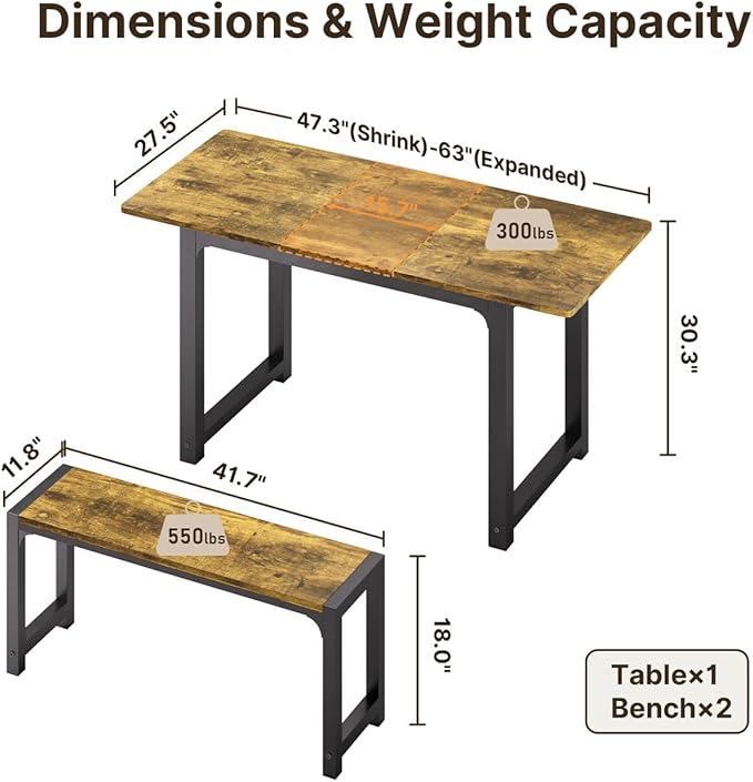 Gizoon 63” Kitchen Table Sets for 4 with 2 Benches Extendable Dining Table Set for 4 with Chairs Dining Room Table and Chairs for Kitchen Apartment Outdoor and Home Office, Rustic Brown