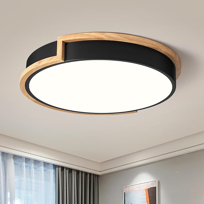 Dimmable Wood Flush Mount Ceiling Lights, Modern LED Black 5CCT 2700K-6000K Lighting Fixtures, Round Ceiling Lamp for Kitchen Living Room Dining Room Bedroom, 15.8in