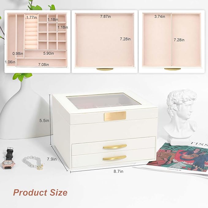 Jewelry Storage Box with Glasses Lid, 3-Tiers Jewelry Organizer Box for Women Girls, Jewelry Case for Rings, Bracelets Earrings, Necklaces (White)