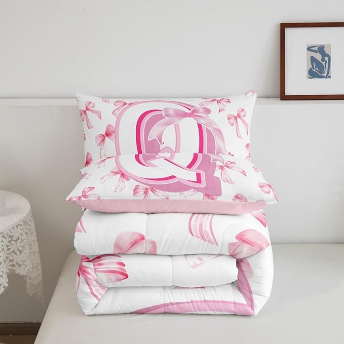 jejeloiu Kids Girls Cute Pink Bow Comforter Set Twin Size Monogrammed Bedding Set Ultra Soft Personalized Initial Duvet Quilt Coquette Bow Knot Quilt Set Room Decor Modern Fashion Comforter