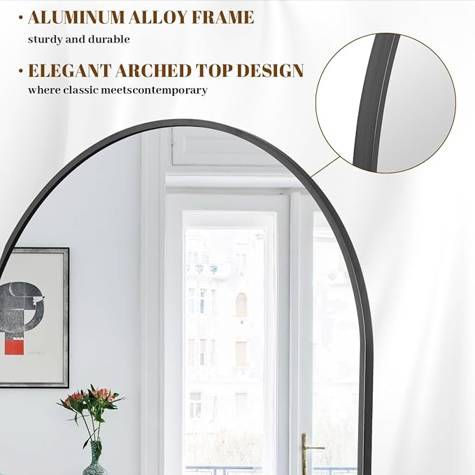Koonmi 30"x71" Arched Full Length Mirror, Black Large Floor Mirror with Aluminum Alloy Frame Standing Hanging or Leaning Wall-Mounted Full Body Mirror for Living Room and Bedroom